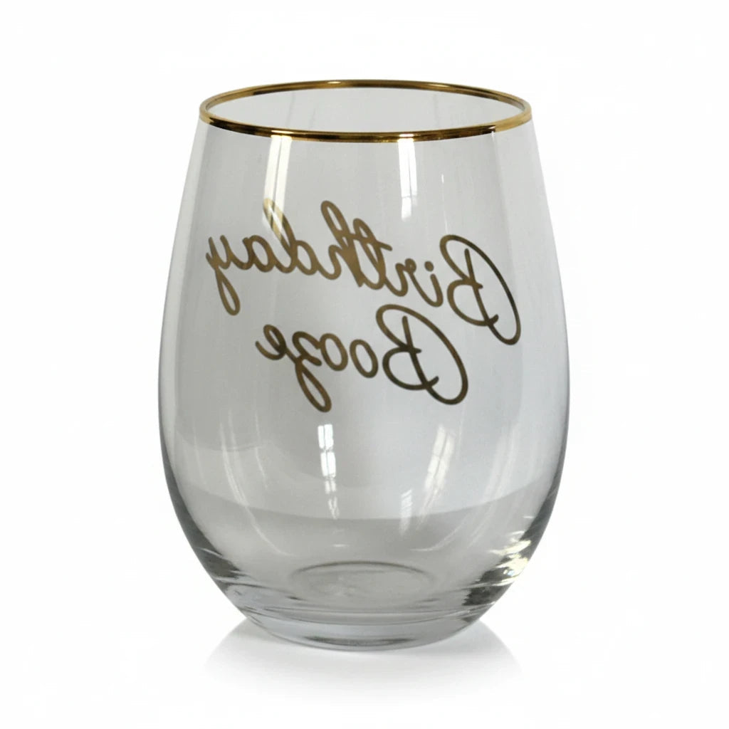 FULL MOOD stemless wine glass with gold rim and Birthday Booze script in shimmering gold on clear crystal glass