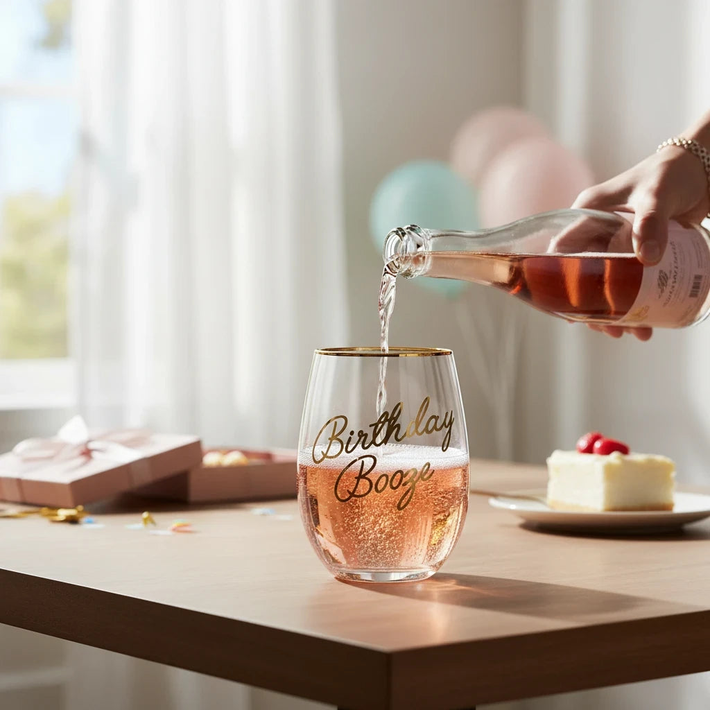 FULL MOOD stemless wine glass with gold rim and Birthday Booze script being filled with rose wine at a party