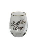 FULL MOOD stemless wine glass with gold rim and Birthday Booze script in gold lettering on clear crystal glass