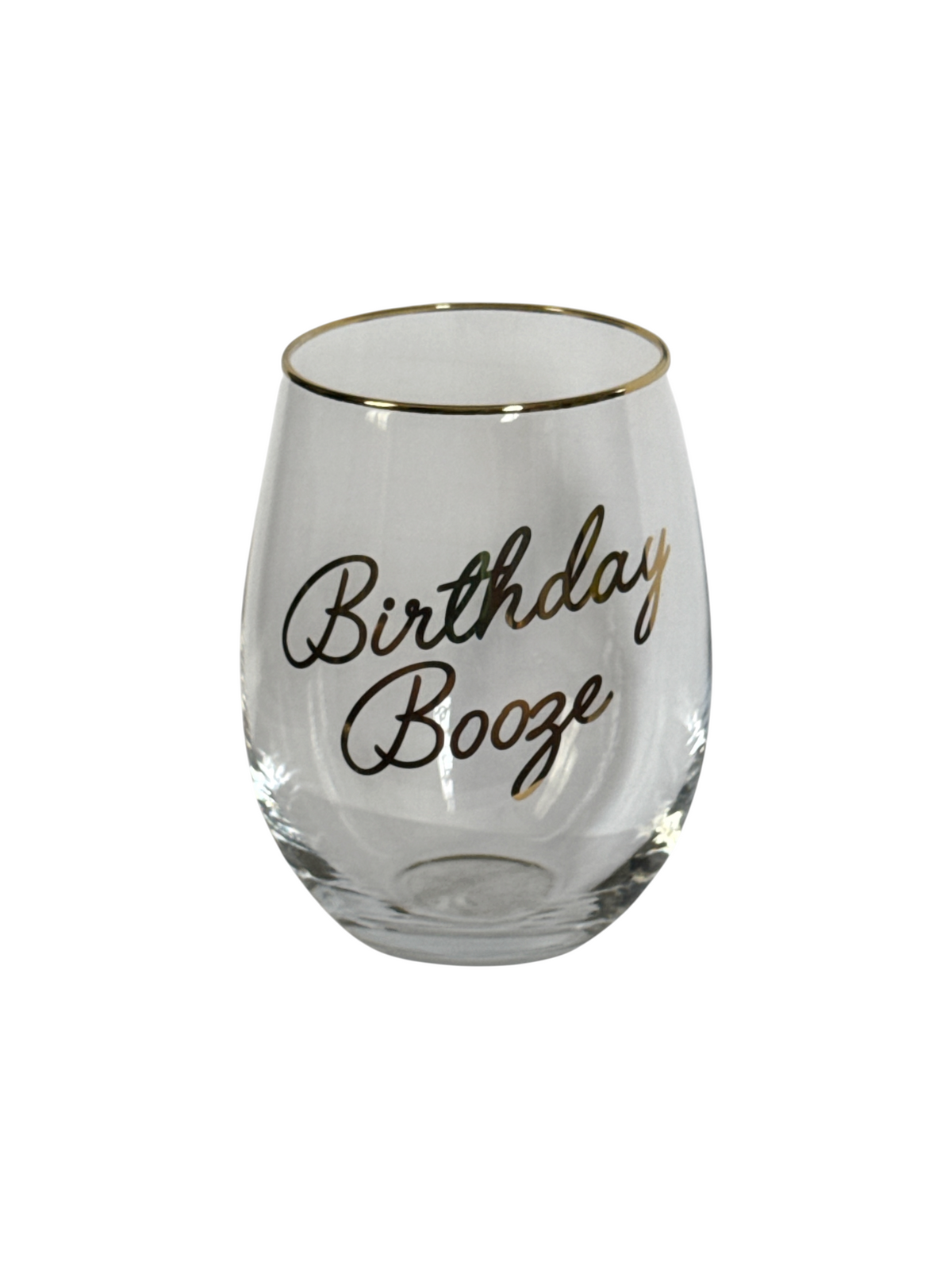 FULL MOOD stemless wine glass with gold rim and Birthday Booze script in gold lettering on clear crystal glass