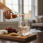 FULL MOOD stemless wine glass with gold rim and Birthday Booze text being filled with rose wine on a wooden board