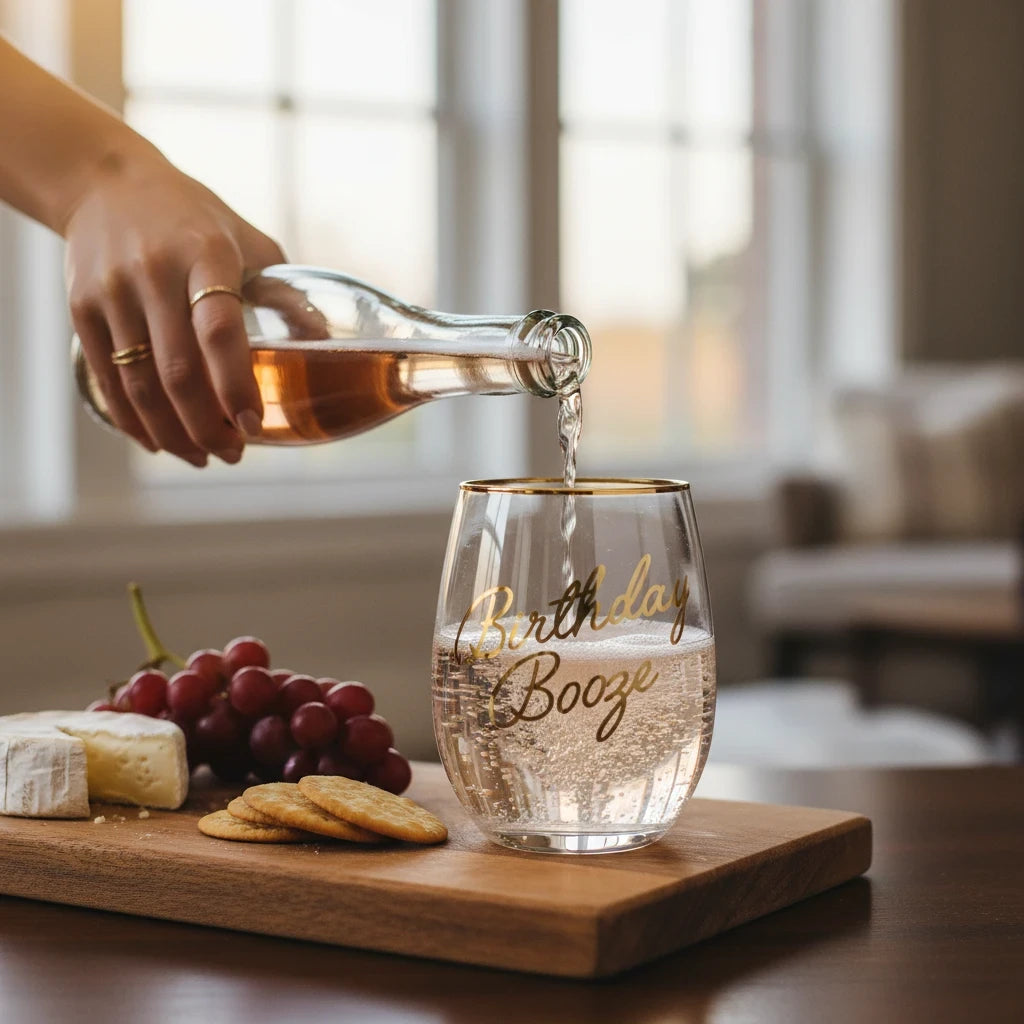 FULL MOOD stemless wine glass with gold rim and Birthday Booze text being filled with rose wine on a wooden board