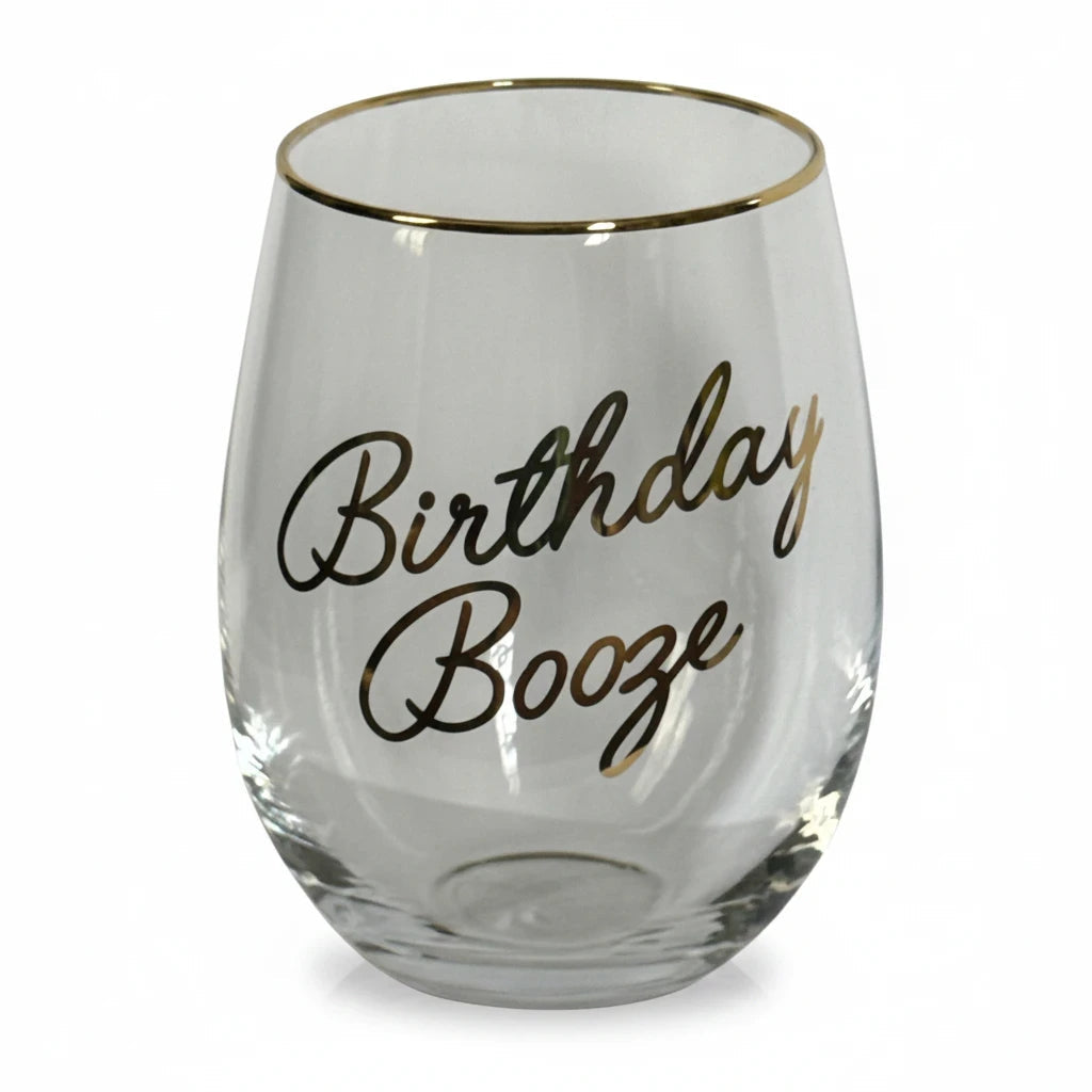 FULL MOOD stemless wine glass with gold rim and Birthday Booze script in shimmering gold on clear crystal glass