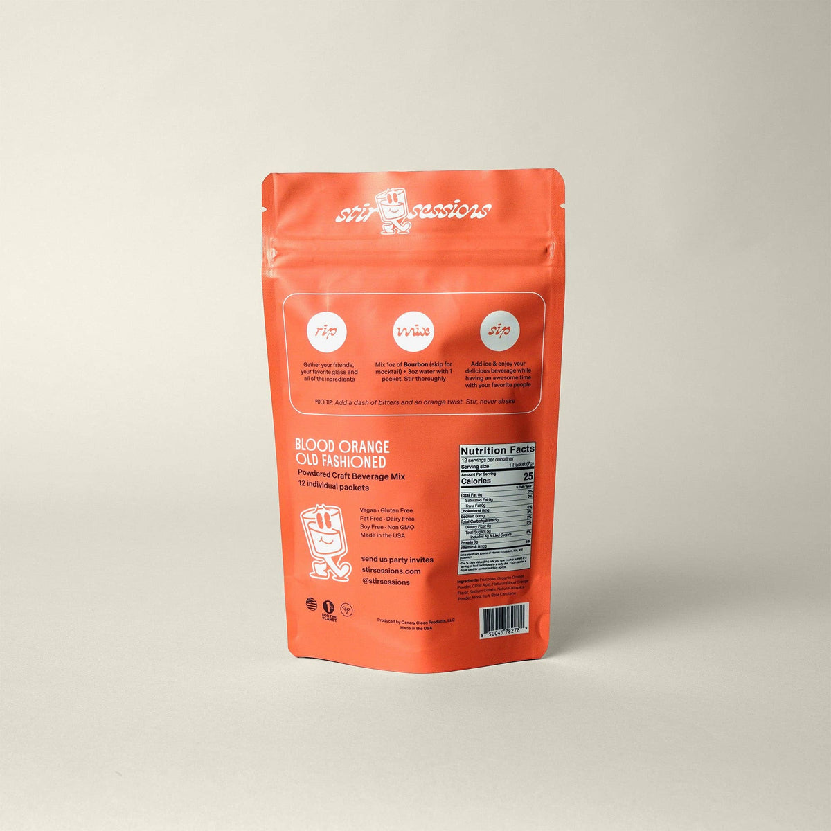 FULL MOOD Stir Sessions blood orange old fashioned cocktail mix pouch with instructions and nutrition facts