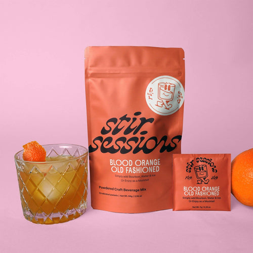 FULL MOOD Stir Sessions blood orange old fashioned cocktail mix pouch and single packet with a prepared drink