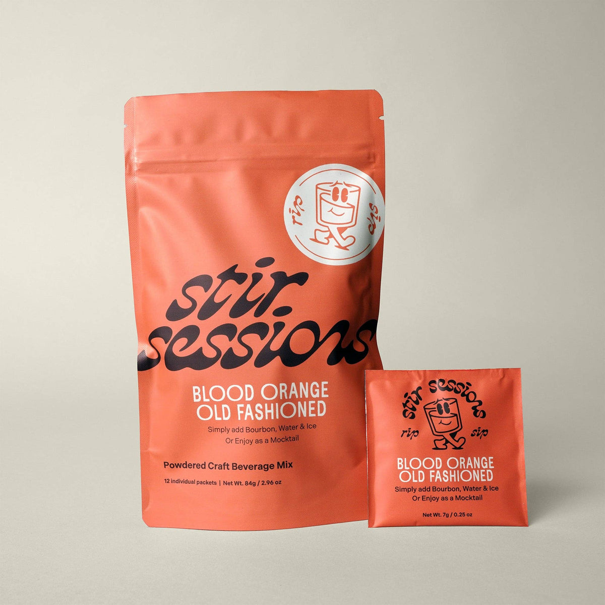 FULL MOOD Stir Sessions blood orange old fashioned cocktail mix pouch and individual packet on a neutral background