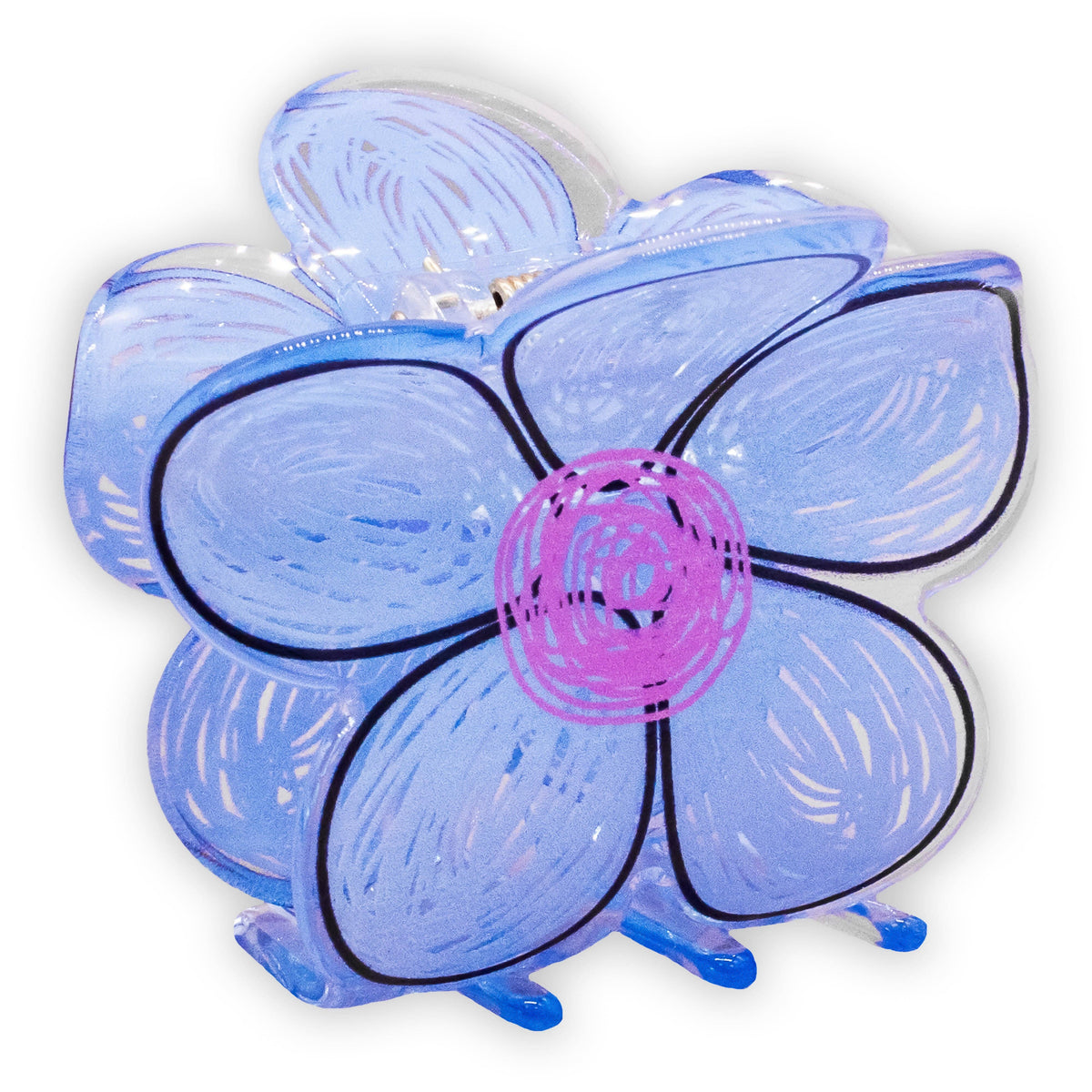 FULL MOOD sky blue daisy flower hair claw clip made of glossy acrylic with a purple center detail