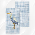 FULL MOOD Blue Heron guest napkins featuring a watercolor bird design on a blue and white textured cross-hatch background