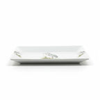 FULL MOOD rectangular porcelain serving platter featuring an elegant blue heron motif on a white background