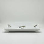 FULL MOOD white porcelain serving platter featuring a delicate blue and green heron motif on a rectangular base