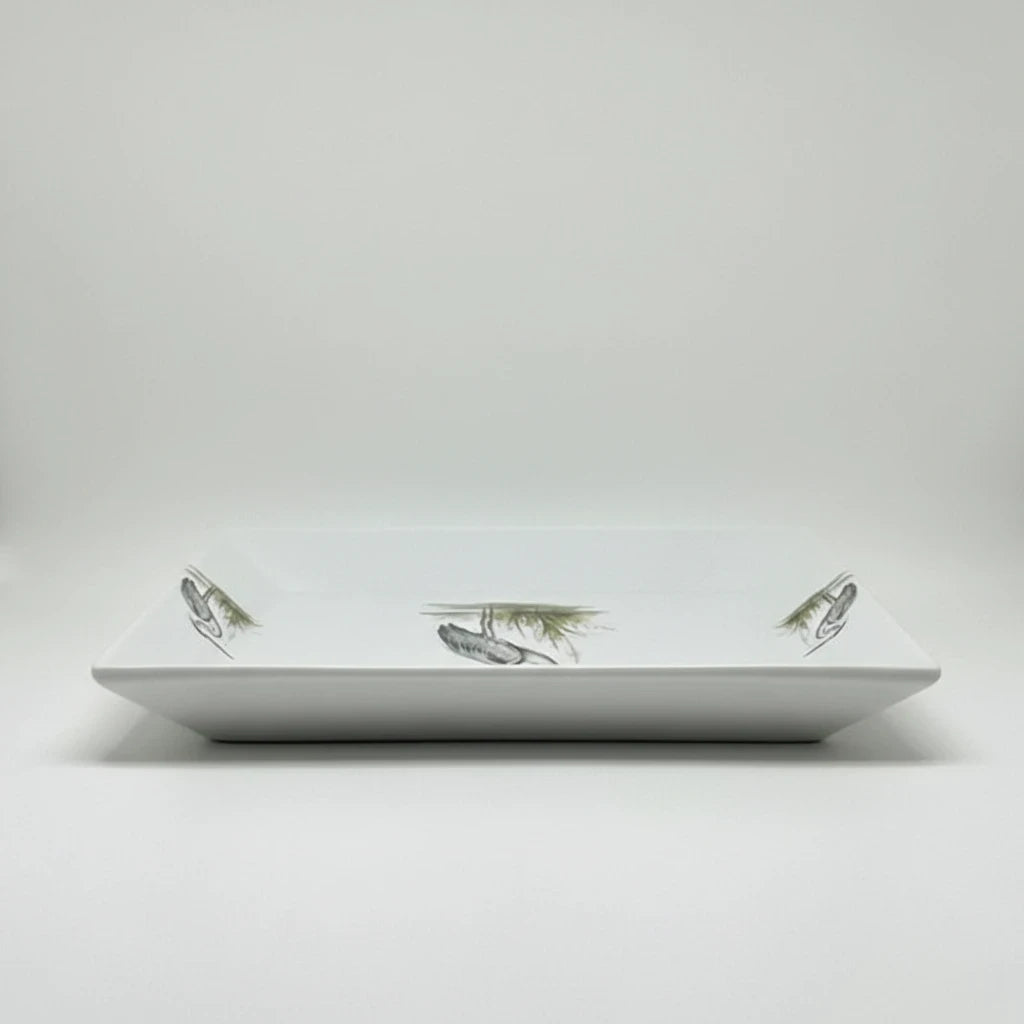 FULL MOOD white porcelain serving platter featuring a delicate blue and green heron motif on a rectangular base