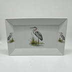 FULL MOOD rectangular porcelain serving platter featuring a detailed blue heron bird motif on a white background.