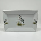FULL MOOD rectangular porcelain serving platter featuring an elegant blue heron motif on a white background