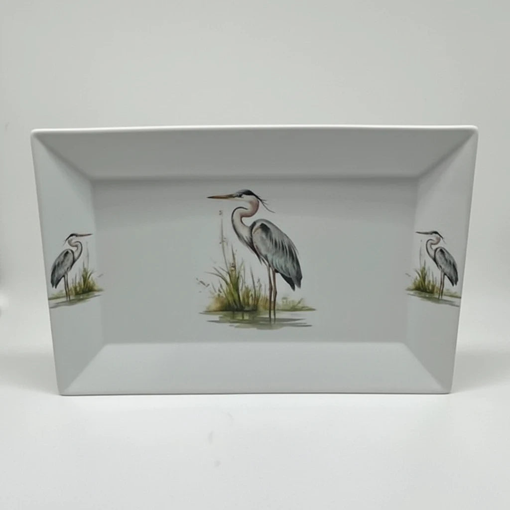 FULL MOOD rectangular porcelain serving platter featuring an elegant blue heron motif on a white background