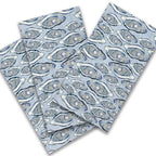 FULL MOOD guest towels featuring an artistic blue and grey oyster shell pattern on a soft white background