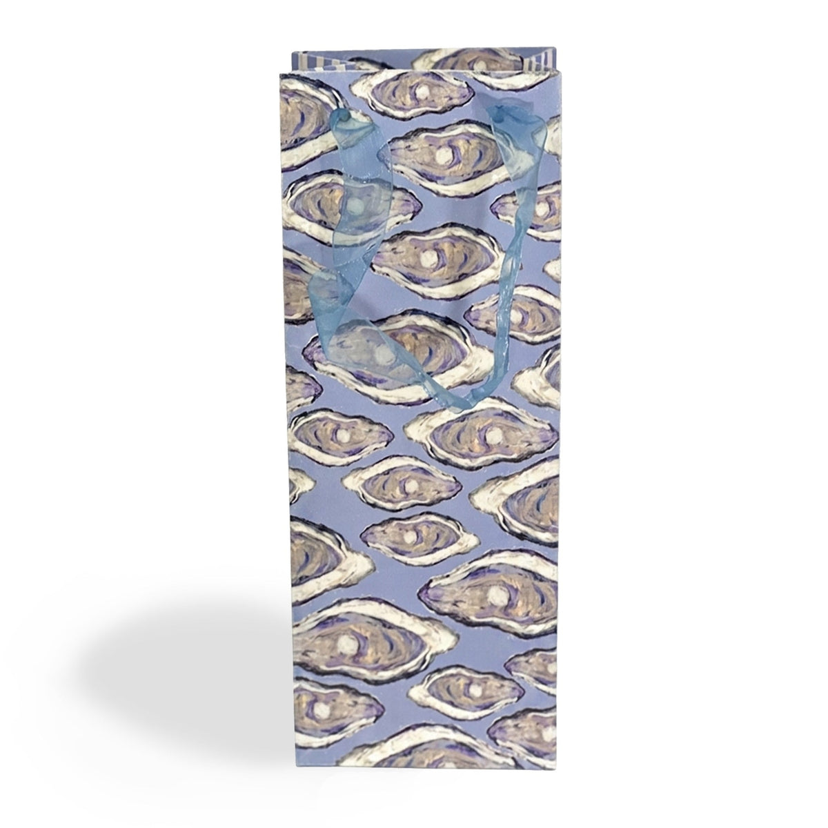 FULL MOOD blue paper wine gift bag featuring an oyster shell pattern and a sheer blue ribbon handle