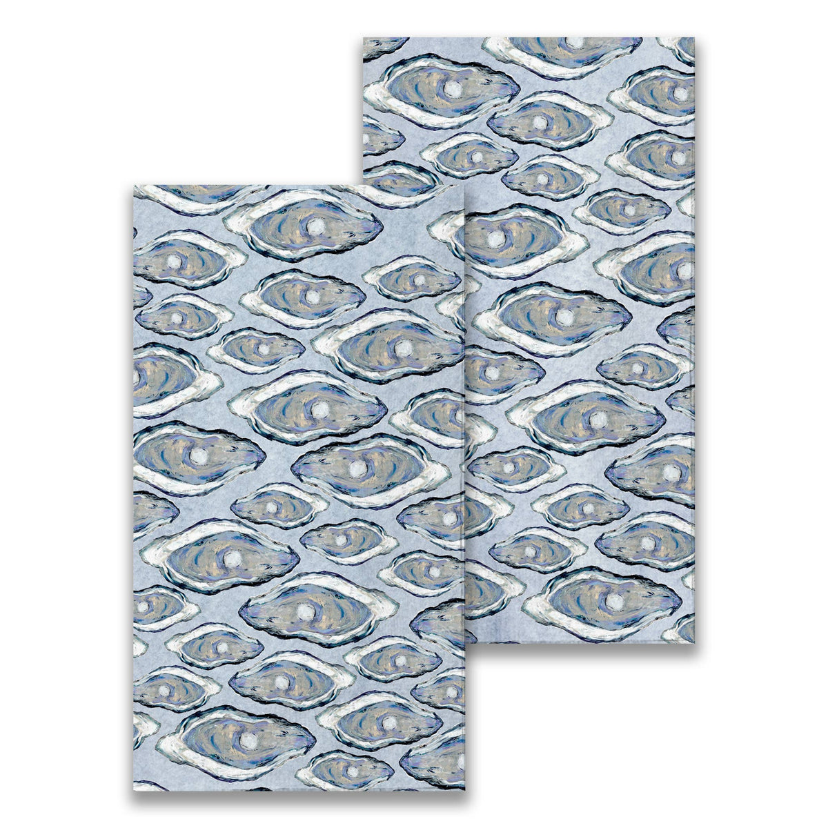 FULL MOOD guest towel set featuring an artistic blue and grey oyster shell pattern on a soft white background