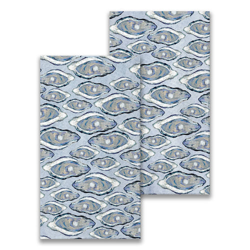 FULL MOOD guest towel set featuring an artistic blue and grey oyster shell pattern on a soft white background