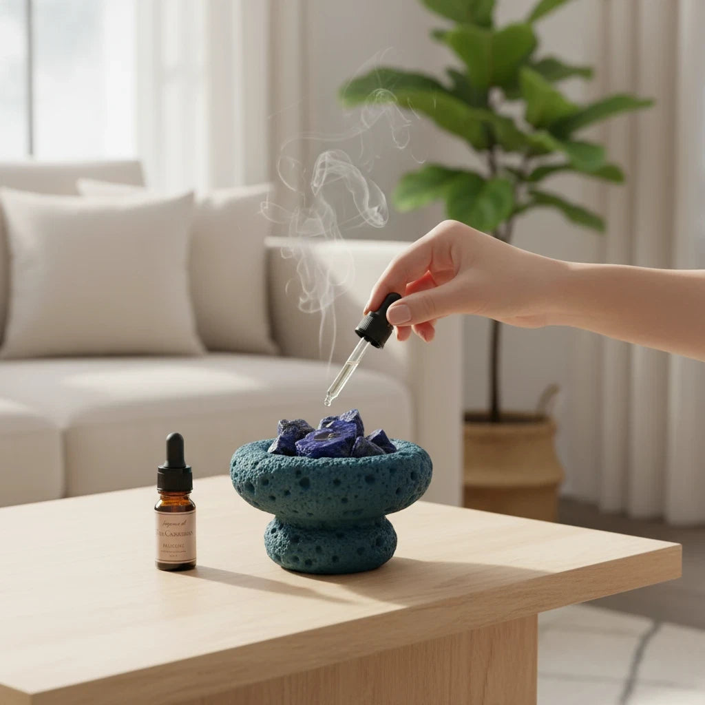 FULL MOOD Caribbean aromatherapy diffuser with blue sodalite crystals and fragrance oil dropper in a home setting