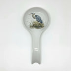 FULL MOOD ceramic spoon rest featuring a detailed blue heron illustration on a white glazed surface