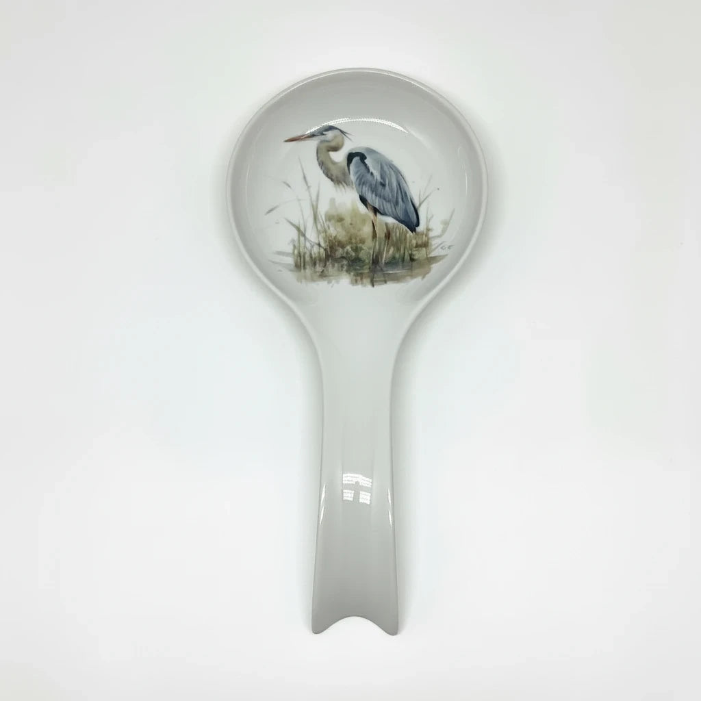 FULL MOOD ceramic spoon rest featuring a detailed blue heron illustration on a white glazed surface