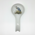 FULL MOOD ceramic spoon rest featuring a detailed blue heron illustration on a white glazed surface