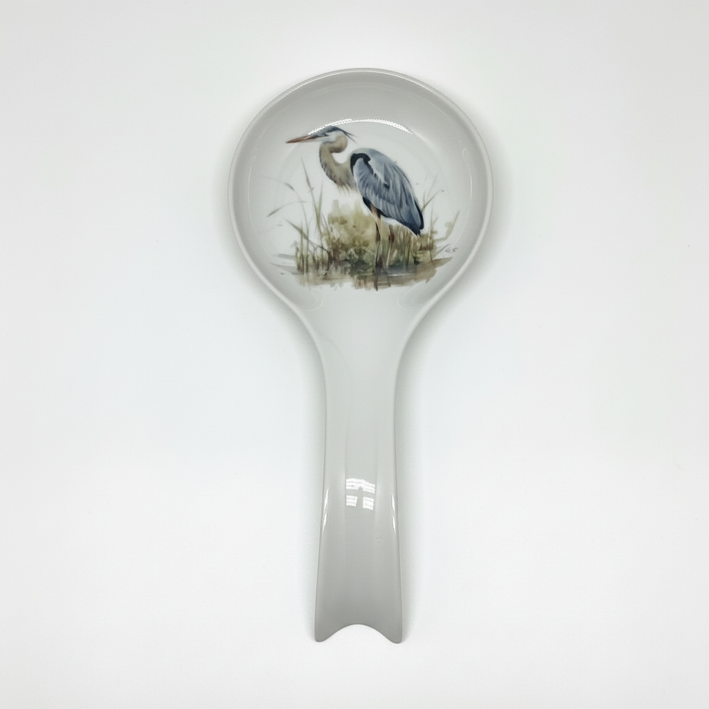 FULL MOOD ceramic spoon rest featuring a detailed blue heron illustration on a white glazed surface