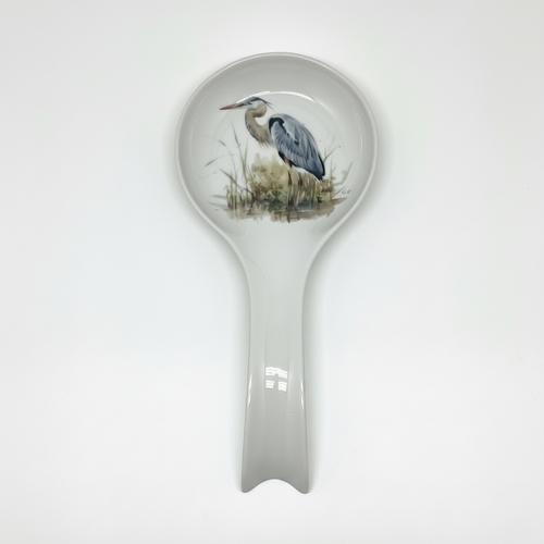 FULL MOOD ceramic spoon rest featuring a detailed blue heron illustration on a white glazed surface