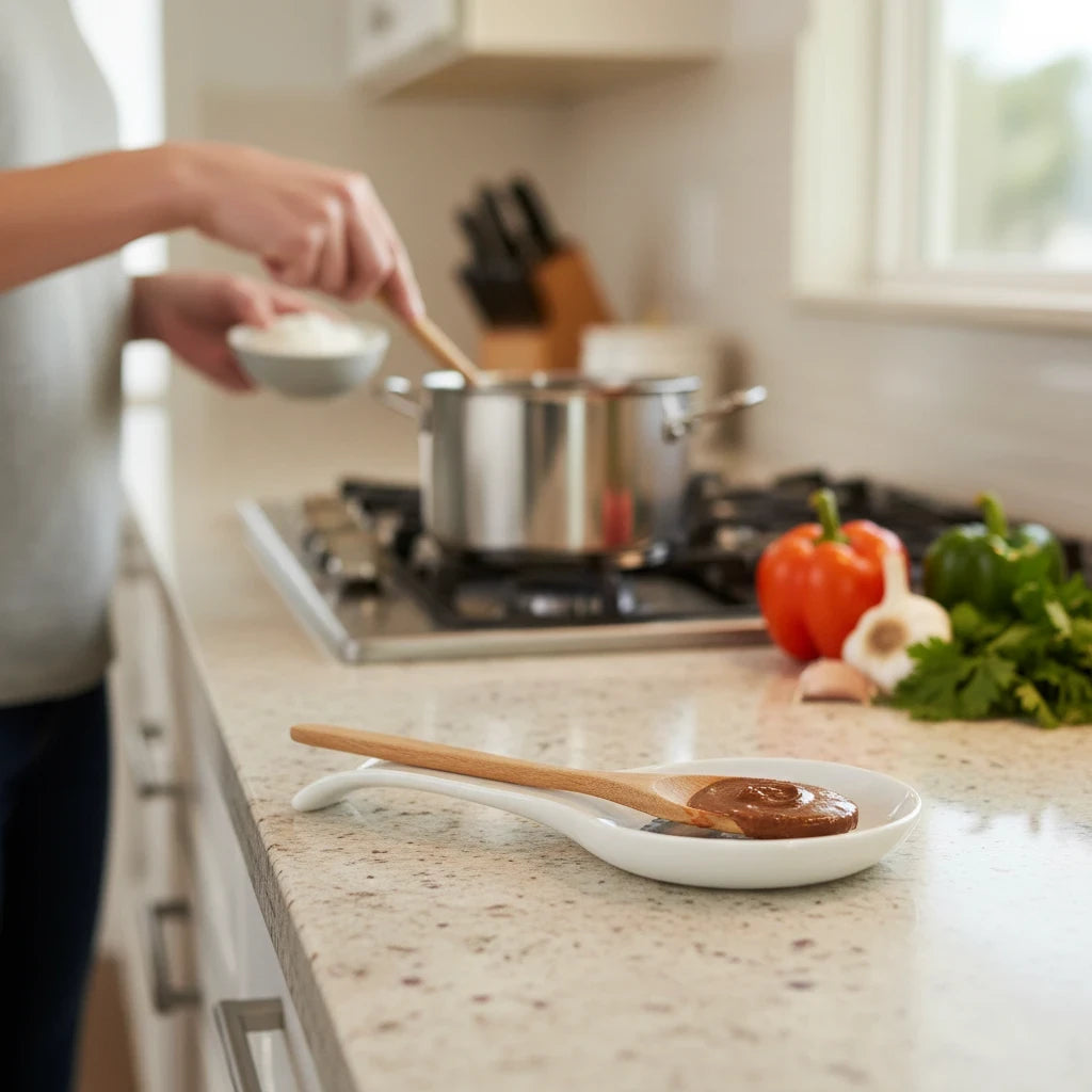 FULL MOOD ceramic spoon rest with First You Make a Roux illustration sitting on a kitchen counter near a stove