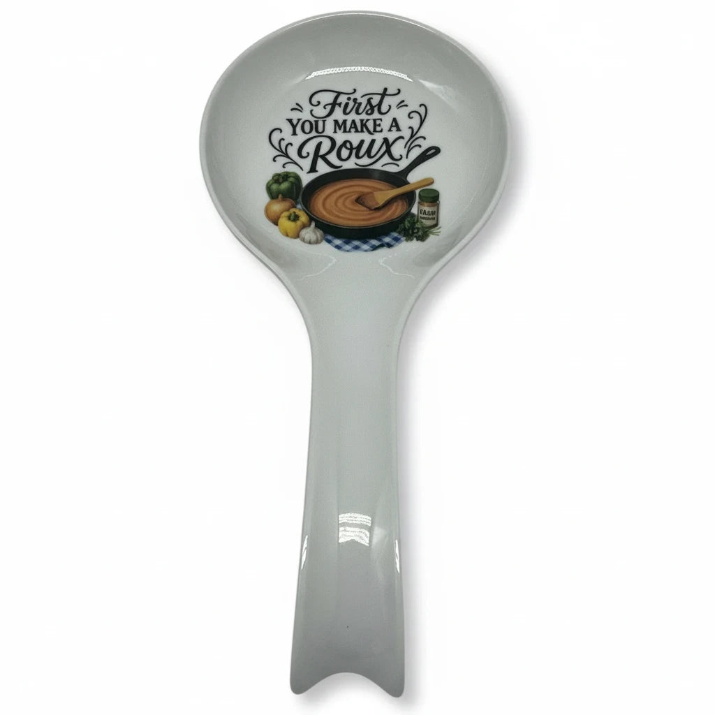 FULL MOOD ceramic spoon rest featuring a cast iron skillet illustration and the text First You Make a Roux