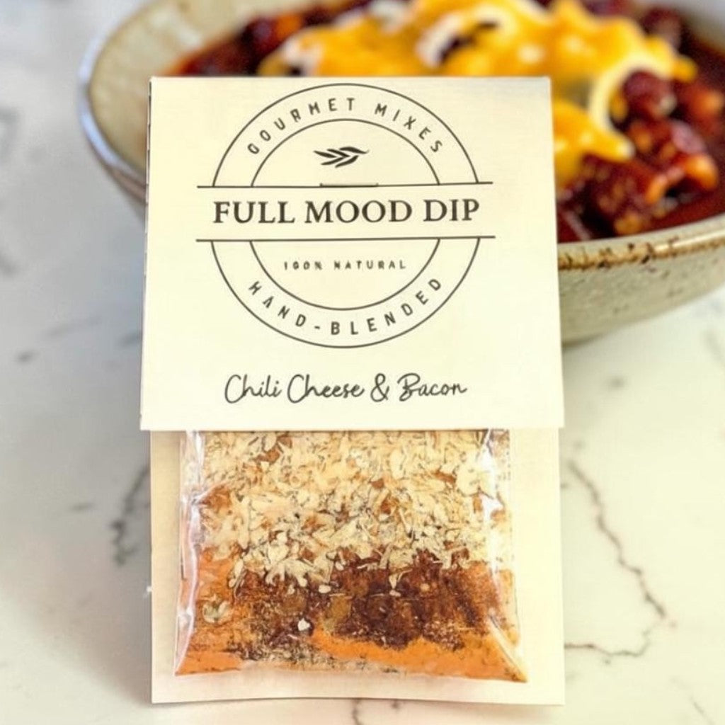 FULL MOOD Chili Cheese & Bacon seasoning dip mix packet with visible spices and bacon bits on a white surface