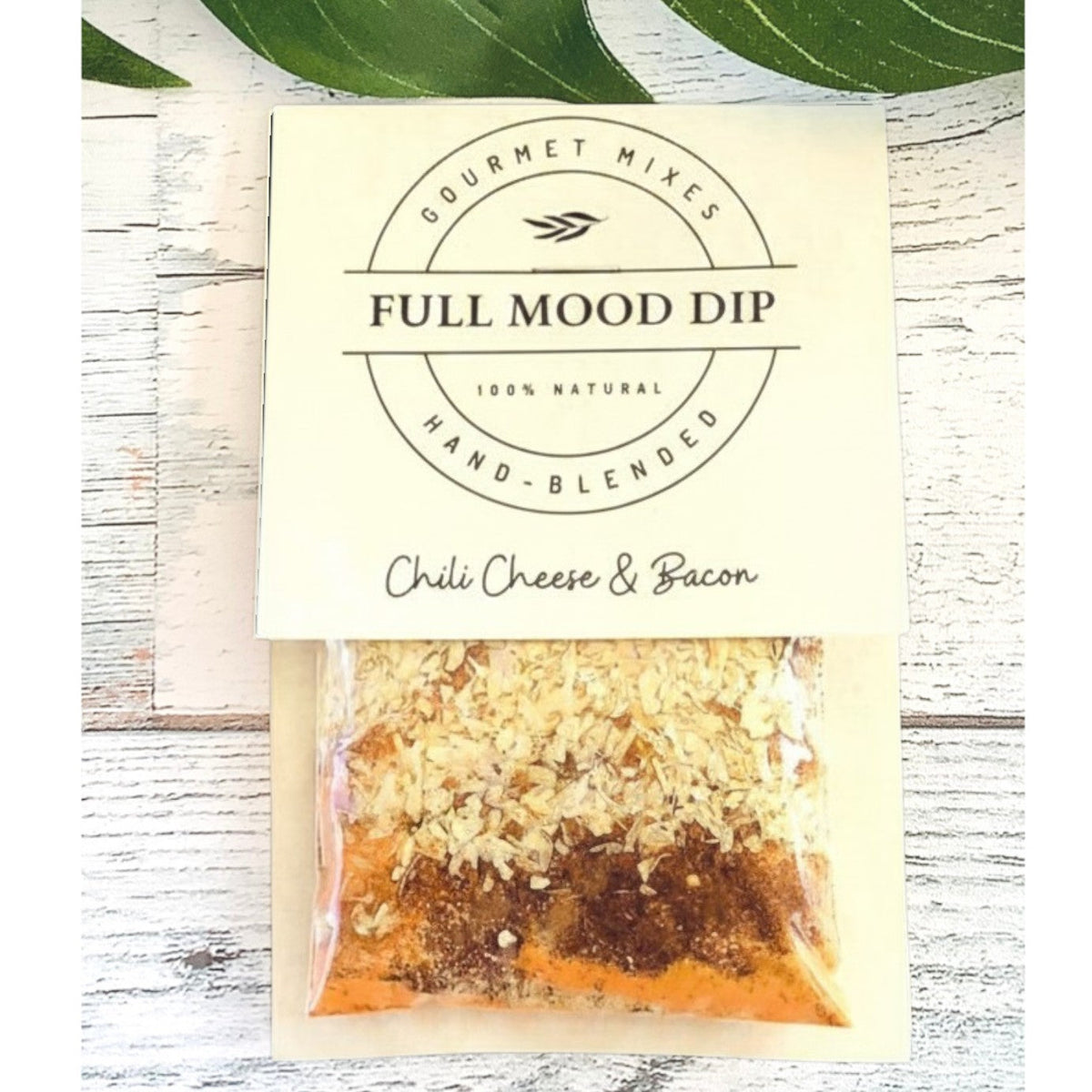 FULL MOOD Divine Dips Chili Cheese & Bacon seasoning mix packet with visible spices and cheddar cheese powder
