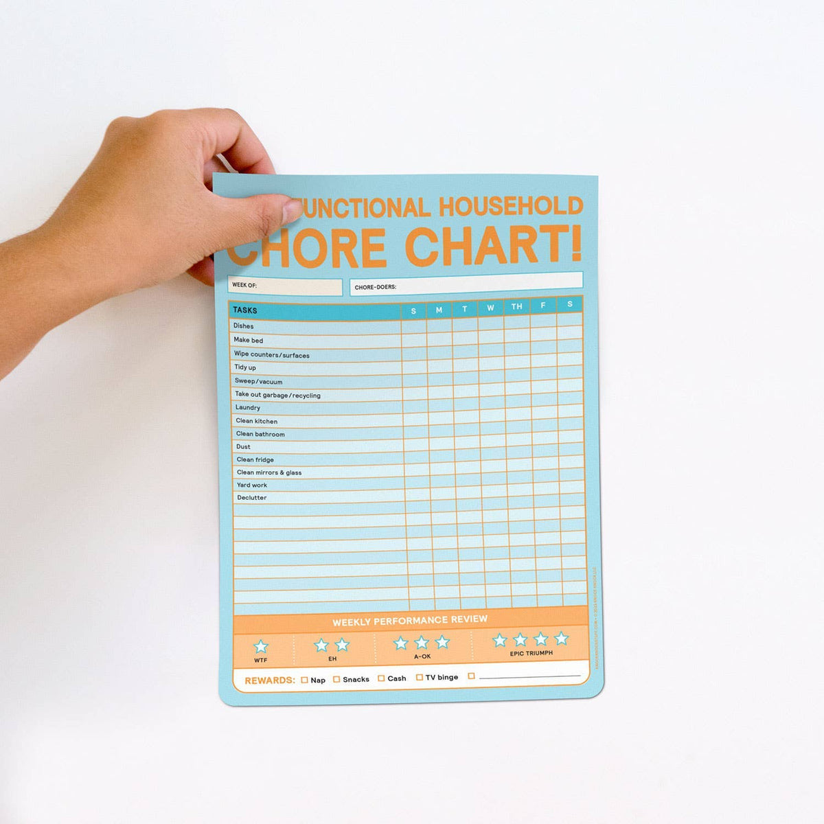 FULL MOOD chore chart sticky notepad with blue grid, task list, and weekly performance review section.