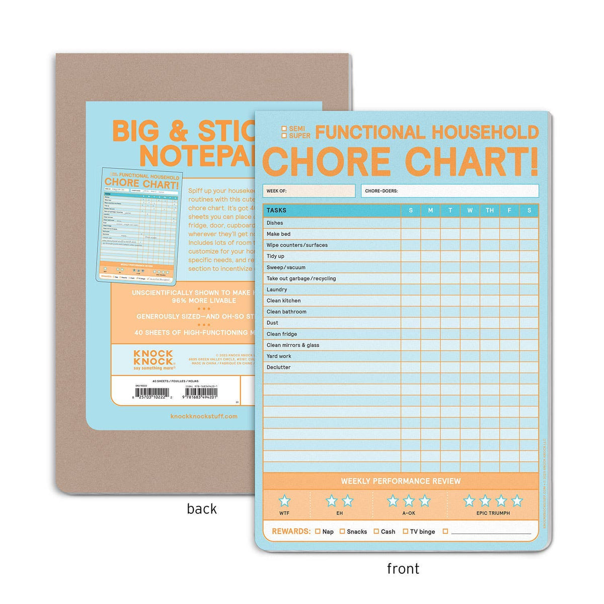 FULL MOOD chore chart sticky notepad showing front and back views of the orange and blue weekly cleaning planner pad.