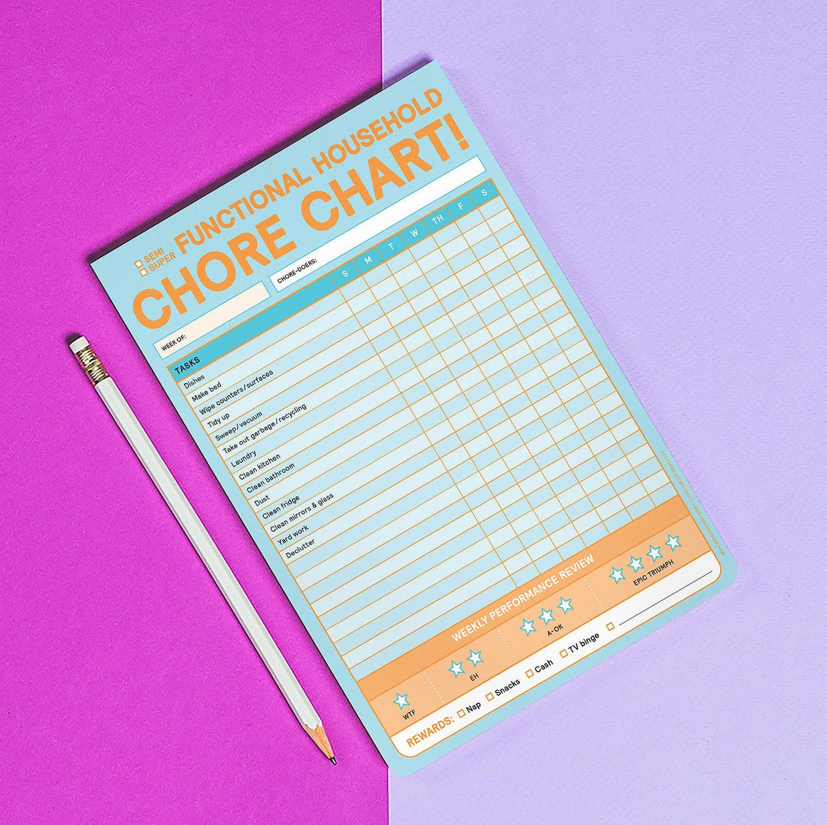 FULL MOOD chore chart sticky notepad with blue grid layout and orange headings on a purple background with a pencil.