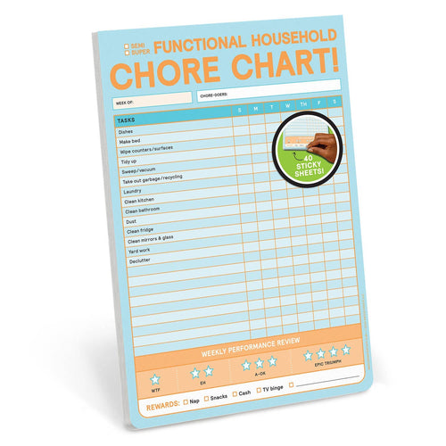 FULL MOOD chore chart sticky notepad with weekly task list, performance review stars, and reward checkboxes.