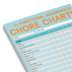 FULL MOOD chore chart sticky notepad with blue and orange headers for weekly household task tracking and rewards.