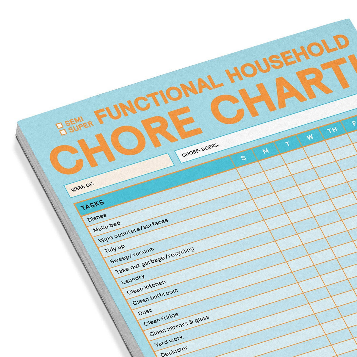 FULL MOOD chore chart sticky notepad with blue and orange headers for weekly household task tracking and rewards.