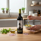 FULL MOOD Cilantro and Red Onion infused olive oil bottle on a wooden kitchen counter with fresh herbs and salad.