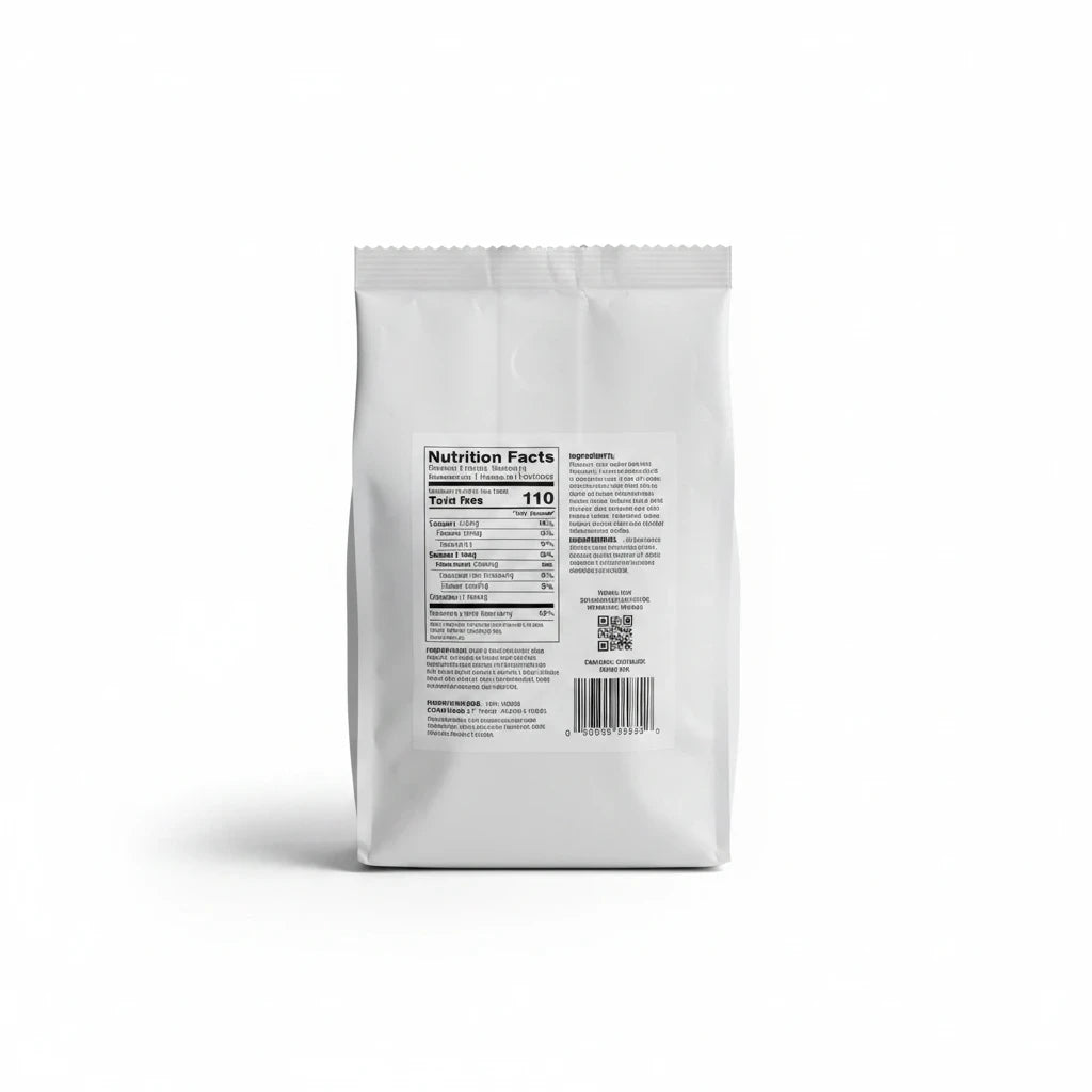 FULL MOOD DR MONKEYS coffee caramels resealable pouch showing nutrition facts and ingredients label on the back