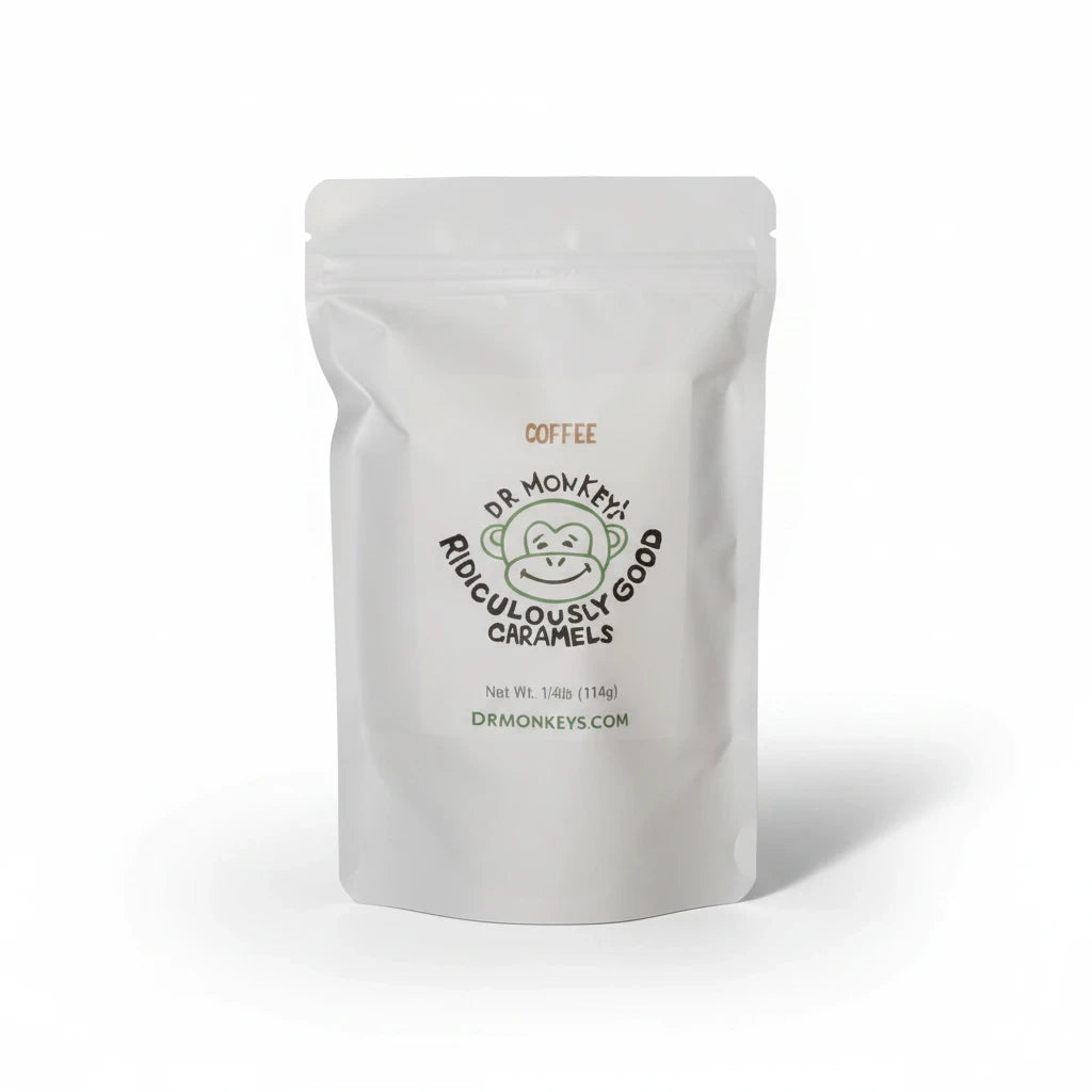 FULL MOOD Dr. Monkey's coffee caramels in a white resealable pouch with a monkey logo and bold coffee branding.