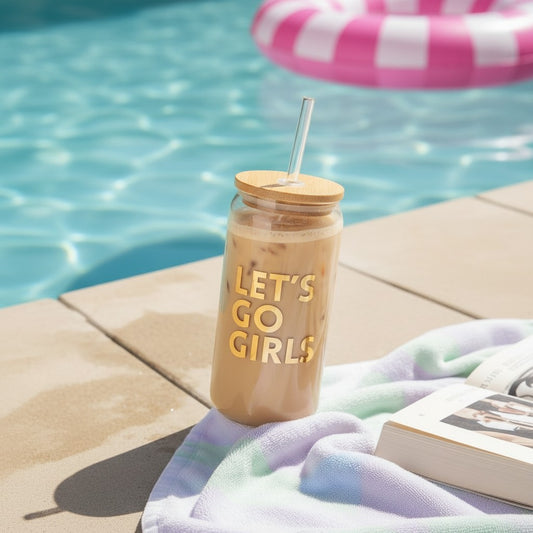 FULL MOOD 16oz glass cold brew tumbler with bamboo lid and glass straw, featuring gold "LET'S GO GIRL" text.