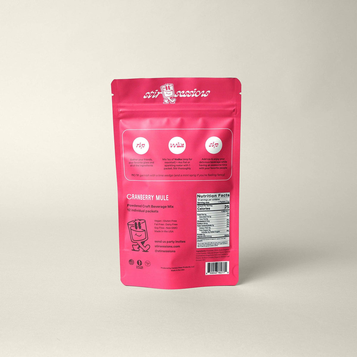 FULL MOOD Stir Sessions Cranberry Mule cocktail mix pouch back view with instructions and nutrition facts