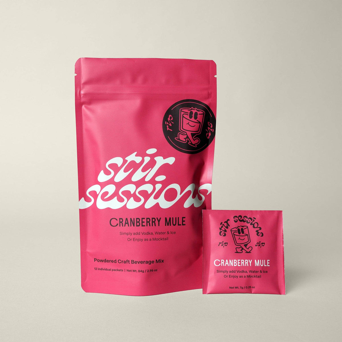 FULL MOOD Stir Sessions Cranberry Mule cocktail mix pouch and single packet in vibrant pink packaging