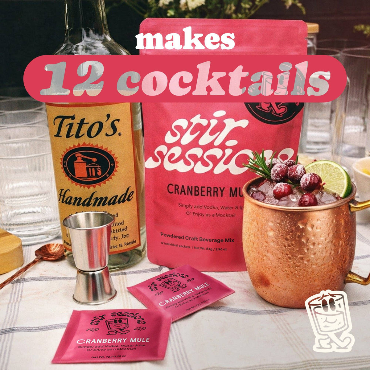 FULL MOOD Stir Sessions Cranberry Mule cocktail mix 12 pack with powder packets, copper mug, and vodka bottle.