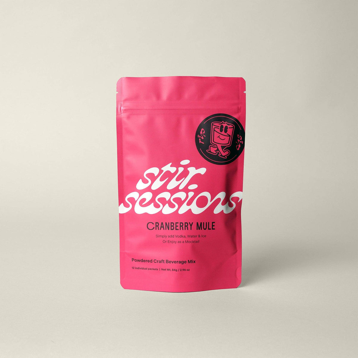 FULL MOOD Stir Sessions Cranberry Mule cocktail mix pouch in bright pink packaging with 12 individual packets.