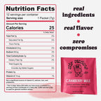 FULL MOOD Stir Sessions Cranberry Mule cocktail mix packet with nutrition facts label showing 25 calories per serving.