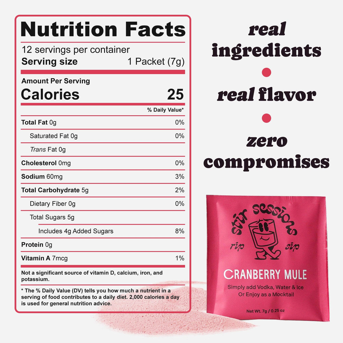 FULL MOOD Stir Sessions Cranberry Mule cocktail mix packet with nutrition facts label showing 25 calories per serving.