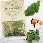 FULL MOOD Dill Seasoning Dip Mix packet with fresh dill, onion, and parsley sprigs on a marble surface.