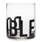 FULL MOOD crystal clear glass tumbler featuring bold black typographic DOUBLE design for whiskey and cocktails.